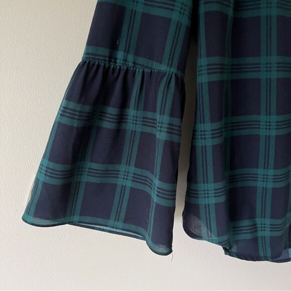 J. Crew Navy Green Tartan Plaid Semi Sheer V Neck 3/4 Bell Sleeve Blouse Small - Picture 6 of 8